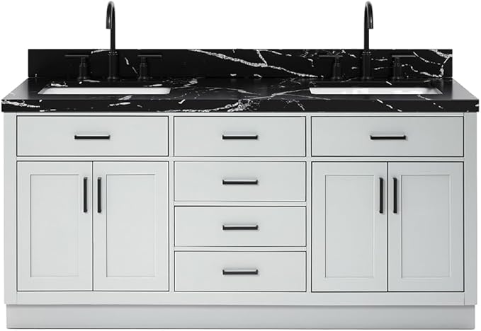 ARIEL Hepburn 72 Inch Double Rectangle Sink Bathroom Vanity with Nero Marquina Black Quartz Countertop 1.5 Inch in Grey