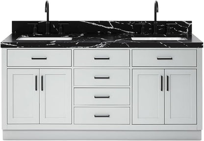 ARIEL Hepburn 72 Inch Double Rectangle Sink Bathroom Vanity with Nero Marquina Black Quartz Countertop 1.5 Inch in Grey