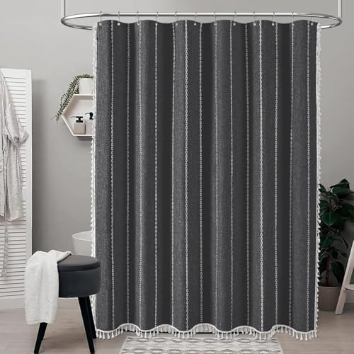 BTTN 60x72 Boho Farmhouse Linen Heavy Duty Shower Curtain, Charcoal Grey