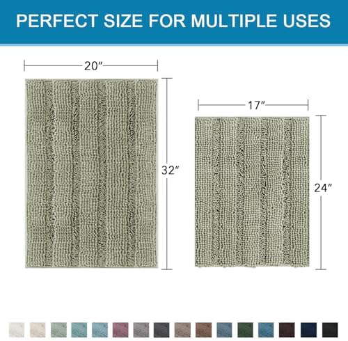 H.VERSAILTEX Bathroom Rug Sets 2 Piece Bath Mats Non Slip Thick Soft Chenille Striped Bath Rug achine Washable Shower Floor Rugs for Tub, Shower and Floor (Eucalyptus Green, 20" x 32"/17" x 24")