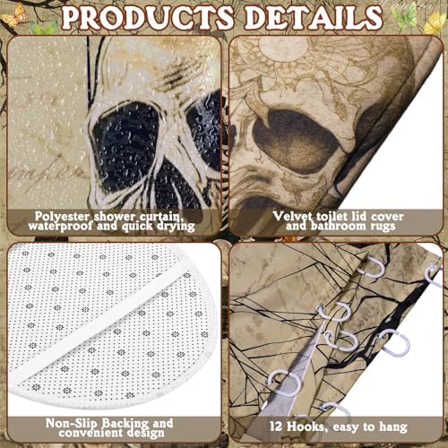 FuWeave 8 Pcs Gothic Shower Curtain Set for Bathroom Include Vintage Skeleton Towels Non Slip Skull Rugs Toilet Lid Cover Spooky Spider Web Bath Mat and 12 Hooks for Gothic Bathroom Decor