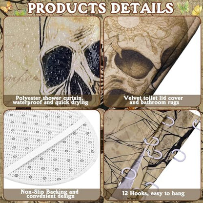 FuWeave 8 Pcs Gothic Shower Curtain Set for Bathroom Include Vintage Skeleton Towels Non Slip Skull Rugs Toilet Lid Cover Spooky Spider Web Bath Mat and 12 Hooks for Gothic Bathroom Decor