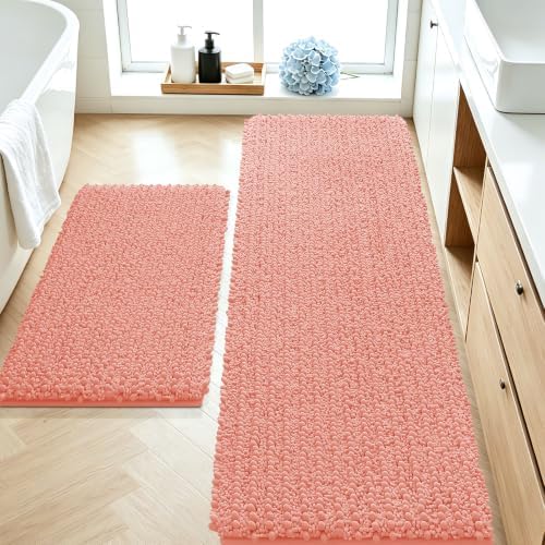 ACCUMTEK Upgrade Luxury 2 Piece Coral Toilet Bathroom Rug Mat 60"x20"+32"x20", Ultra Soft Thick Absorbent Bath Mats, Non Slip Chenille Toilet Mat for Bathroom, Bedroom, Kitchen, Shower, Tub