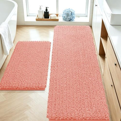 ACCUMTEK Upgrade Luxury 2 Piece Coral Toilet Bathroom Rug Mat 60"x20"+32"x20", Ultra Soft Thick Absorbent Bath Mats, Non Slip Chenille Toilet Mat for Bathroom, Bedroom, Kitchen, Shower, Tub