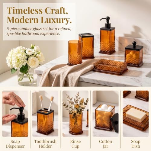 JKE Heavy Glass 5Pcs Amber Bathroom Set Accessories Vintage