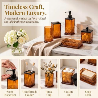 JKE Heavy Glass 5Pcs Amber Bathroom Set Accessories Vintage