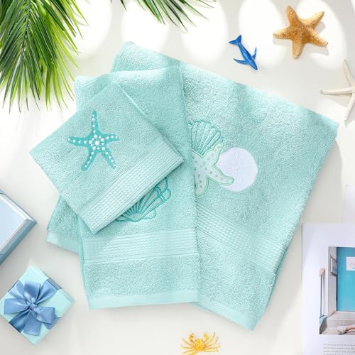 3 Pcs Coastal Seashell Bathroom Towel Set, Embroidered Decor