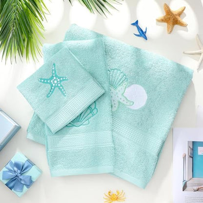 3 Pcs Coastal Seashell Bathroom Towel Set, Embroidered Decor