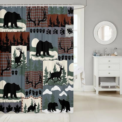 Feelyou Rustic Plaid Shower Curtain for Bathroom Decor Lodge Cabin Bear Bath Curtain Country Elk Moose Bathroom Accessories Woodland Green Waterproof Polyester Fabric for Stalls Bathtubs 72"x84"