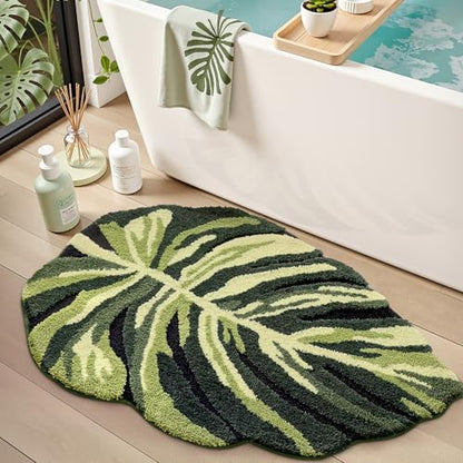LUMI Cute Bathroom Rug Green Leaf, Absorbent Non Slip Bath Mat, 32"x48"