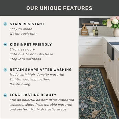 Boho 3x10 Wide Hallway Runner Rug 10 ft, Washable Extra Long Runner Rugs for Entrance Floor, Vintage Blue and Green Plant Design Carpet for Kitchen, Low Pile & Stain Resistant