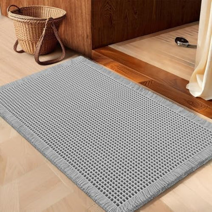 IM HOME Waffle Bath Mat Light Grey 24"x17", Boho Woven Modern Bath Mat Rugs, Absorbent Non Slip Bathroom Rugs, Soft Washable Bath Rugs with Tassels for Bathroom, Bedroom, Kitchen, Shower, Tub