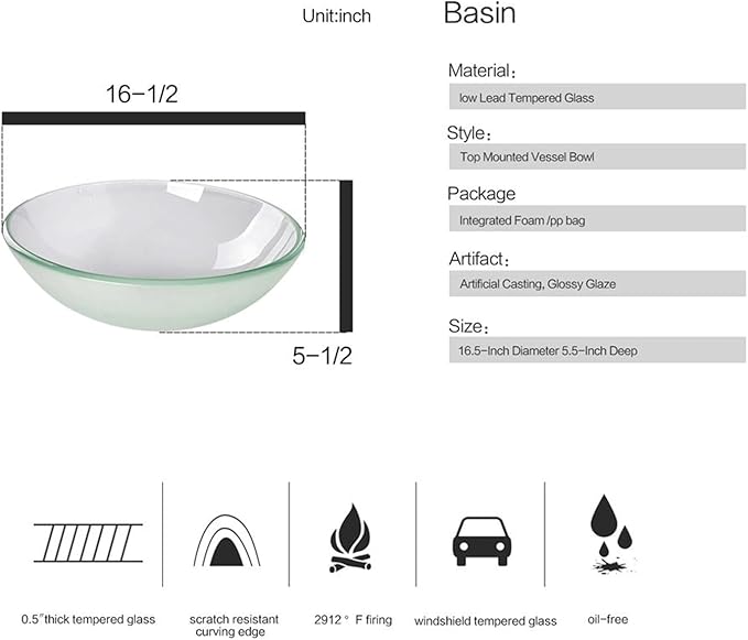 Bathroom Vessel Sink, Tempered Glass Vanity Round Bowl with Chrome Faucet and Pop up drain Set, Frosted