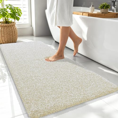 OLANLY Microfiber Bathroom Rugs 47x24, Quick Dry Bath Mat, Sand and White