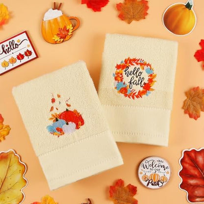 Quera 2 Pack Fall Hand Towels Autumn Blue Pumpkin Thanksgiving Embroidered Premium Luxury Decor Hello Fall Bathroom Decorative Dish Set for Drying Cleaning, Cooking 13.7 "x 29.5"