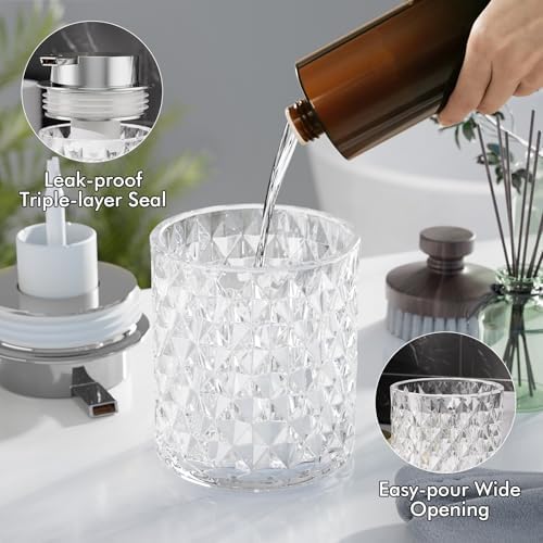 Glass Bathroom Accessories Set 5Pcs Crystal Clear- Foaming Soap Dispenser, Soap Dish, Cup, Acrylic Toothbrush Holder with Tray Organizer, Cotton Swab Jar, Bathroom Counter Set Sink Decor