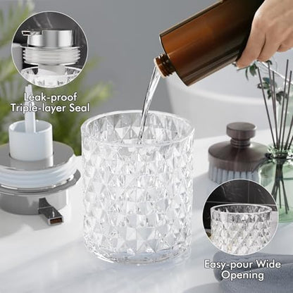 Glass Bathroom Accessories Set 5Pcs Crystal Clear- Foaming Soap Dispenser, Soap Dish, Cup, Acrylic Toothbrush Holder with Tray Organizer, Cotton Swab Jar, Bathroom Counter Set Sink Decor