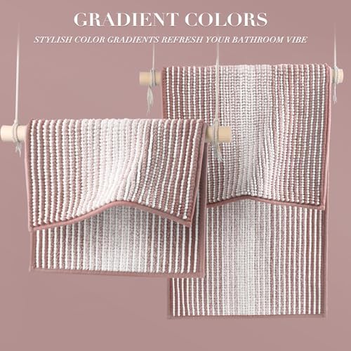 BSICPRO Bathroom Rugs Sets 2 Piece, Non Slip Striped Bath Mats, Mist Pink