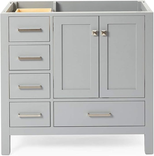 ARIEL Cambridge 36-inch Bathroom Vanity Base Cabinet,Solid Wood, 2 Soft Closing Doors, 5 Dovetail Drawers, Grey