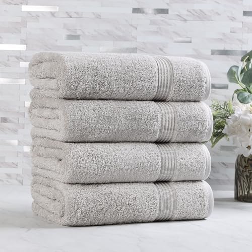 Superior Egyptian Cotton Bath Towel Set, Towels for Home Bathroom, Master, Guest Bath, Decor Essentials, Quick Dry, Absorbent, Large Body Towels, Spa, Hotel, Resort, Adult, Kids, Set of 4, Silver