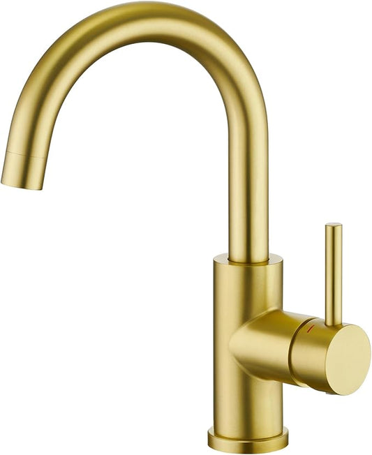 CREA Bar Sink Faucet Single Hole,Brushed Gold Faucets for Large Bathroom Basin/Small Kitchen Sink,Stainless Steel with Deck Plate,Prep Wet Bar Lavatory Vanity Outdoor