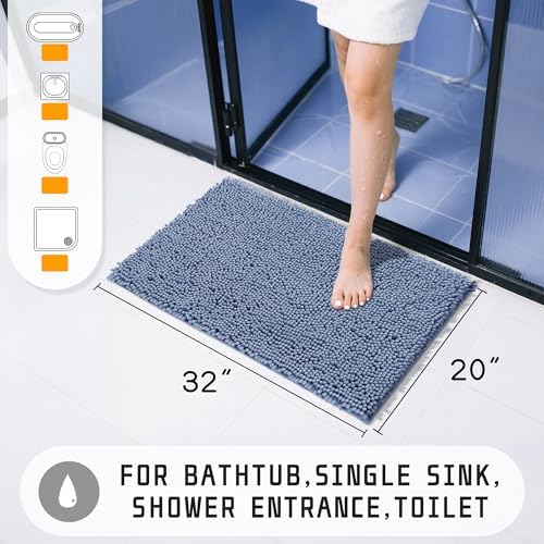 Yimobra Washable Bathroom Rugs, Super Soft & Absorbent Chenille Bath Mat for Floor & Carpet, Quick Dry Non Slip Bath Mat for Tub Shower, 32"x20",Denim Blue