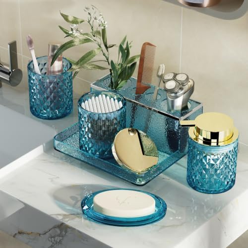 Glass Bathroom Accessories Set 5Pcs Crystal Teal, Foaming Soap Dispenser, Soap Dish, Cup, Acrylic Toothbrush Holder with Tray Organizer, Cotton Swab Jar, Bathroom Counter Set Sink Decor