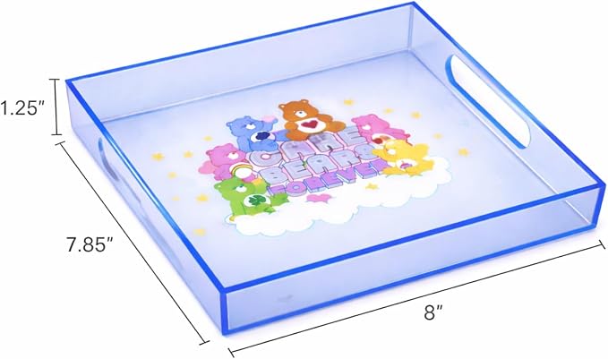 Care Bears Acrylic Square Table Top Decorative Serving Tray with Carry Handles for Bathroom, Desktop, Vanity, Kitchen, Table, 8"x7.85"