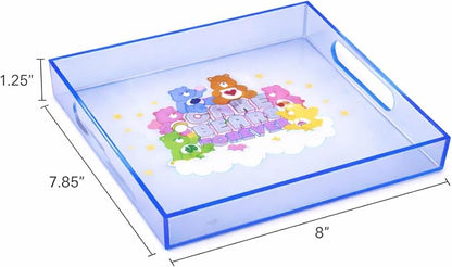 Care Bears Acrylic Square Table Top Decorative Serving Tray with Carry Handles for Bathroom, Desktop, Vanity, Kitchen, Table, 8"x7.85"