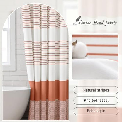 Coral Boho Cotton Striped Shower Curtain with Tassel 72" W X 72" L