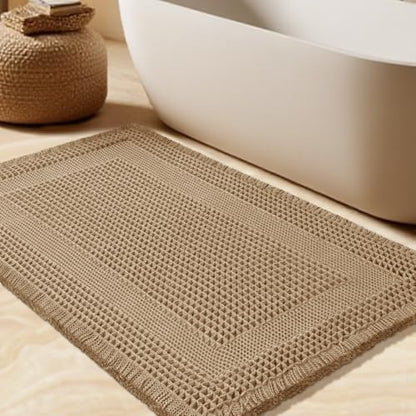Upgrade Waffle Bath Mat, Boho Bathroom Rugs Absorbent Non Slip, Ultra Soft Bathroom Mat, Machine Washable Knit Bath Rugs with Tassels for Bathroom, Bedroom, Kitchen, Shower, Tub, Beige, 36"x24"