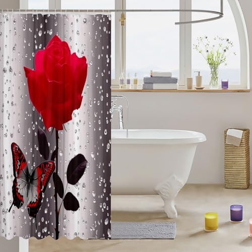Feelyou Red Rose Butterflies Polyester Fabric Shower Curtain Sets with Hooks,Modern Bathroom Home Decor, Waterproof 72"x72"