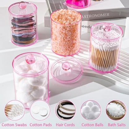 6 Pcs Acrylic Qtip Holder, Cotton Ball Holder Jars with Lids, Pink