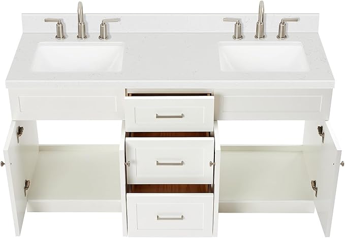 DKB Bradford 66-Inch White Double Bathroom Vanity, 1.5-Inch Edge Carrara Quartz Countertop & Splash, Rectangular Undermount Sinks, 2 Soft Closing Doors, 3 Dovetail Drawers, Toe Kick, Brushed Nickel