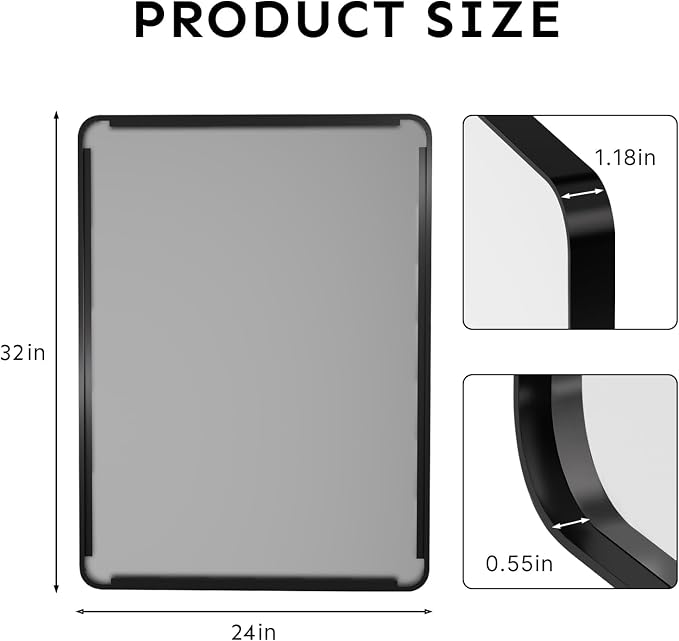 32"x24" Bathroom Vanity Mirror for Wall Aluminum Framed Farmhouse Rectangle | Anti-Rust, HD Reflection Anti-Desilvering, Distortion Free, Tempered and Shatter-Proof Wall Mounted Mirror, Black