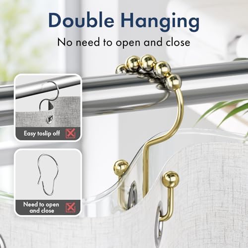 Bathway Shower Curtain Hooks Gold Shower Curtain Rings, 12 Pcs Double Hook Shower Curtain Hooks Rings Rust Shower Curtain Hangers Proof, Metal Shower Hooks for Bathroom Shower Curtain Rod
