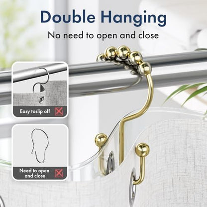 Bathway Shower Curtain Hooks Gold Shower Curtain Rings, 12 Pcs Double Hook Shower Curtain Hooks Rings Rust Shower Curtain Hangers Proof, Metal Shower Hooks for Bathroom Shower Curtain Rod