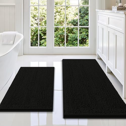 Smiry Chenille Bathroom Rugs Sets 2 Piece (47x20+30x20, Black)