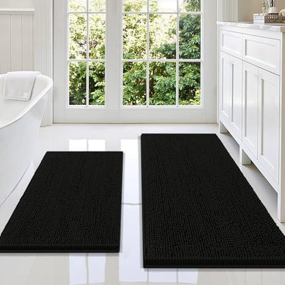 Smiry Chenille Bathroom Rugs Sets 2 Piece (47x20+30x20, Black)
