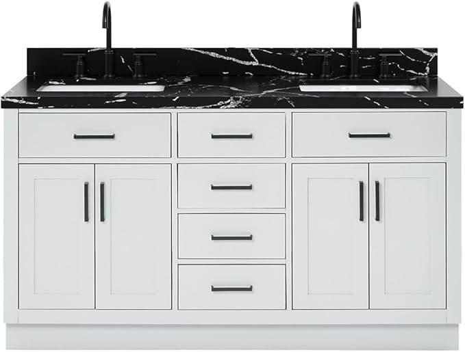 ARIEL Hepburn 60 Inch Double Rectangle Sink Bathroom Vanity with Nero Marquina Black Quartz Countertop 1.5 Inch in Grey