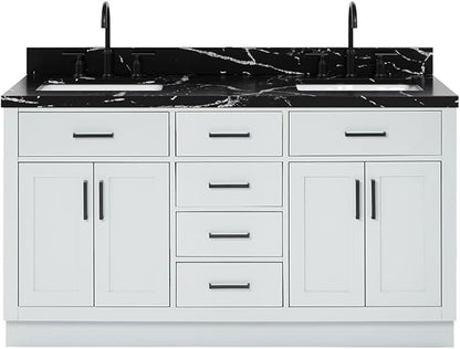 ARIEL Hepburn 60 Inch Double Rectangle Sink Bathroom Vanity with Nero Marquina Black Quartz Countertop 1.5 Inch in Grey