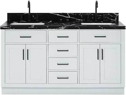 ARIEL Hepburn 60 Inch Double Rectangle Sink Bathroom Vanity with Nero Marquina Black Quartz Countertop 1.5 Inch in Grey