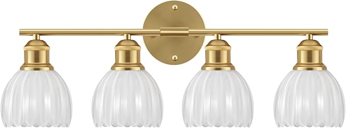 Bathroom Light Fixtures, 4-Light Brushed Gold Vanity Lights for Bathroom with White Tulip Glass Shade, 26" Vintage Bathroom Vanity Lighting Fixtures Over Mirror for Bedroom Living Room Hallway