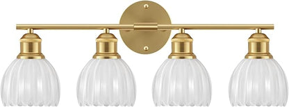 Bathroom Light Fixtures, 4-Light Brushed Gold Vanity Lights for Bathroom with White Tulip Glass Shade, 26" Vintage Bathroom Vanity Lighting Fixtures Over Mirror for Bedroom Living Room Hallway