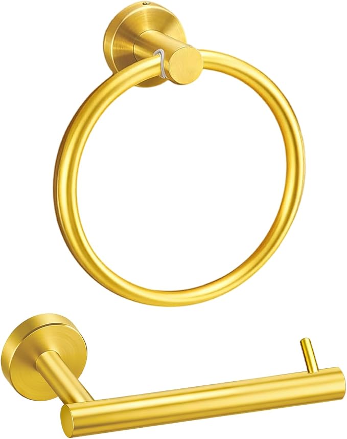 Bathroom Hand Towel Ring Gold Brushed Gold Towel Ring Toilet Paper Holder Wall Mount Brushed Gold Toilet Paper Holder SUS304 Stainless Steel 2pc (2, 2-Black)