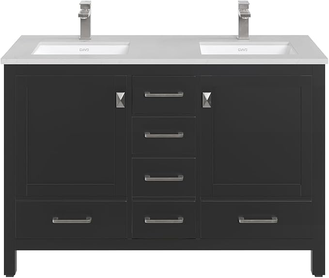 Eviva London 48 x 18 inch Espresso Transitional Double Sink Bathroom Vanity with White Carrara Quartz Countertop and Undermount Porcelain Sinks