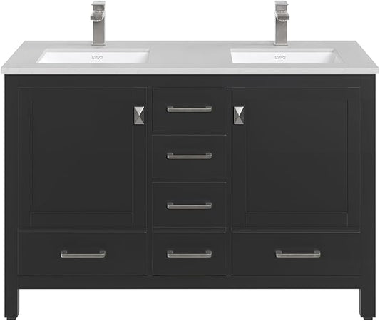 Eviva London 48 x 18 inch Espresso Transitional Double Sink Bathroom Vanity with White Carrara Quartz Countertop and Undermount Porcelain Sinks