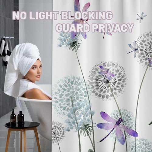 Dandelion Shower Curtain Purple Dragonfly Grey White Shower Curtains for Bathroom Decor, Waterproof Cloth Fabric with Hooks 60" W x 72" L