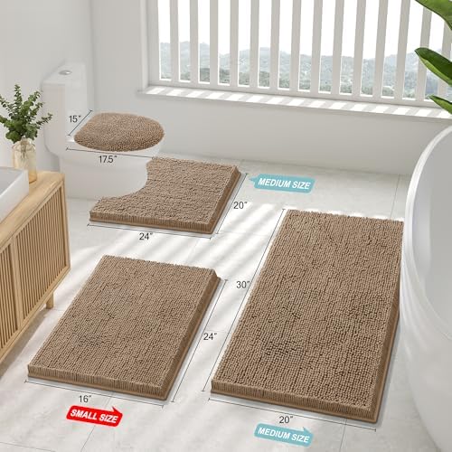 Smiry Luxury Chenille Toilet Rugs U-Shaped 20x20, Soft Absorbent Non-Slip Contour Bathroom Rugs for Toilet, Machine Washable Contoured Bath Mats, Camel