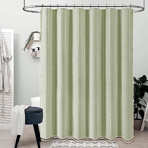 BTTN Sage Green Cream Boho Farmhouse Linen Heavy Duty Shower Curtain, 72x72